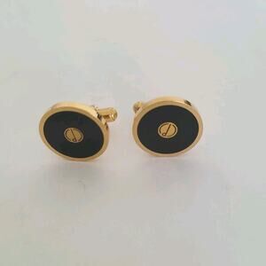 Dunhill D Cufflinks Gold Black Tone Logo Round Designer Logo Vintage Retro